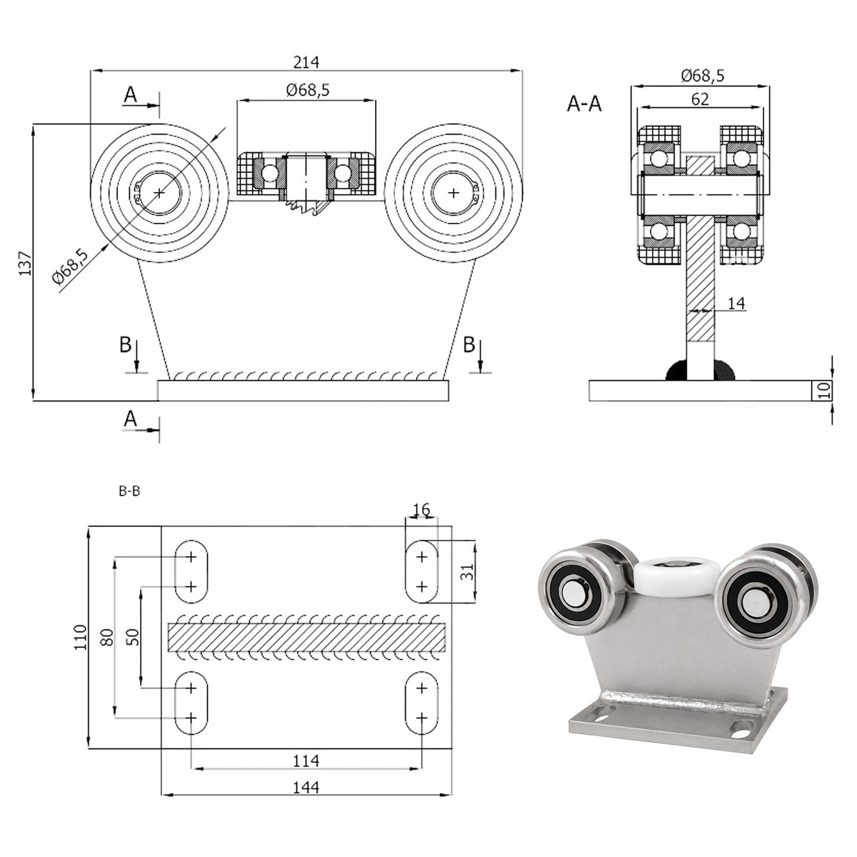 Torwagen für Schiebetore - für Profile 80 x 80 mm - Wandstärke 5 mm: 5M-80