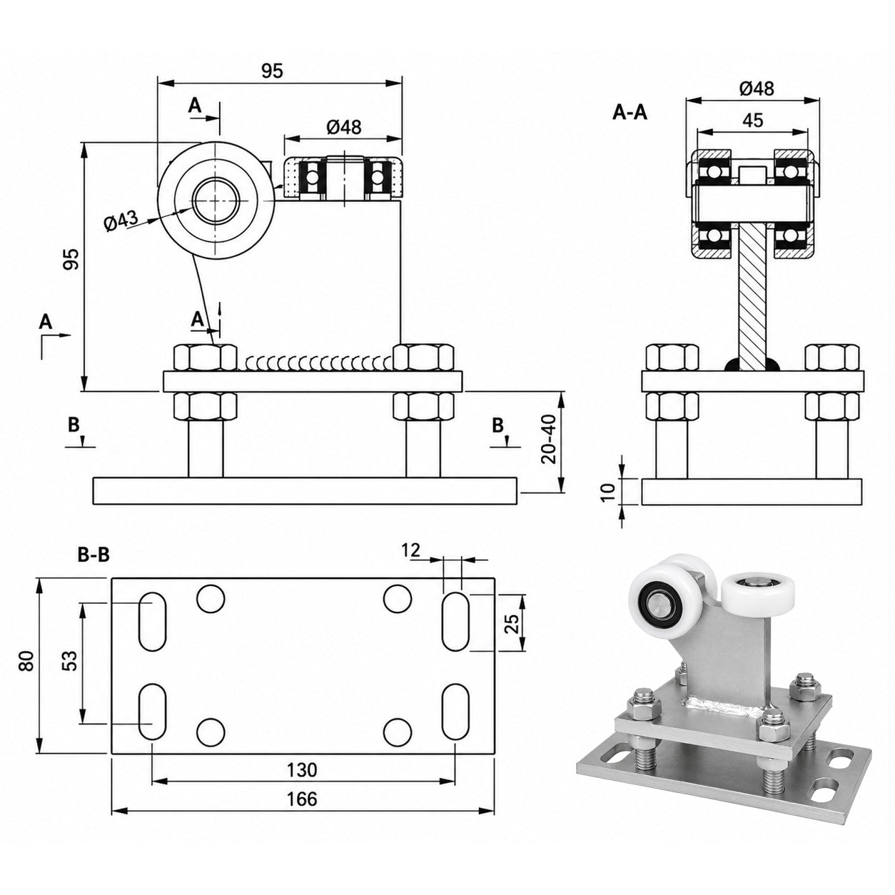 Torwagen für Schiebetore - für Profile 50x55 mm - Wandstärke 2,5 mm: R-3T-50/55