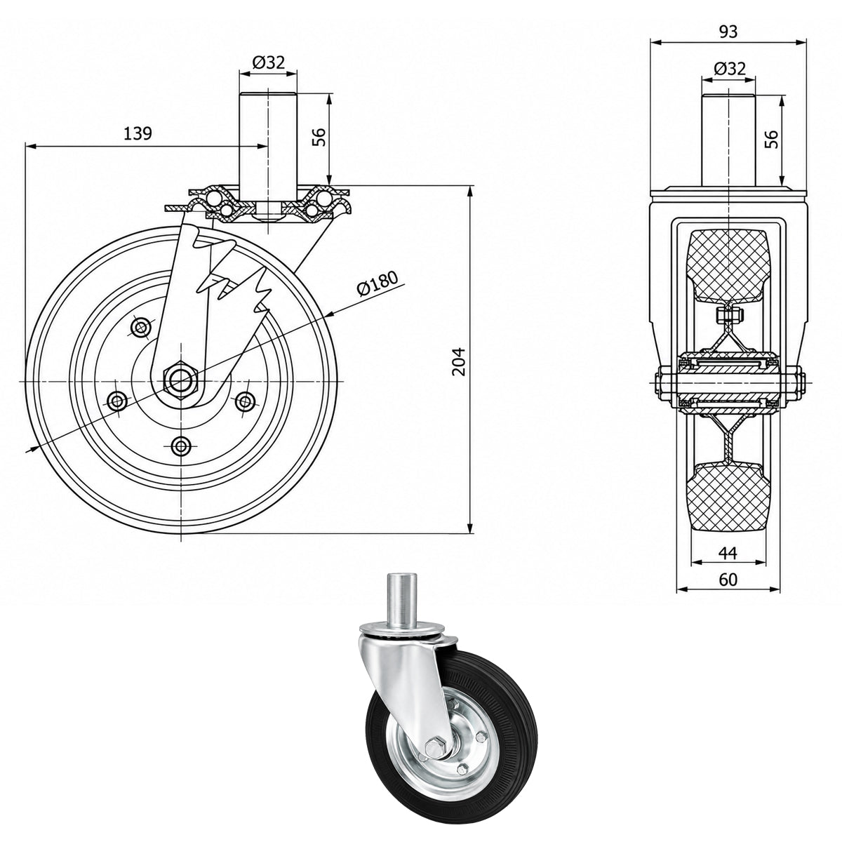 Metall-Gummiräder mit Befestigungsstift Lenkrollen  Ø180 mm Code: 54N*32