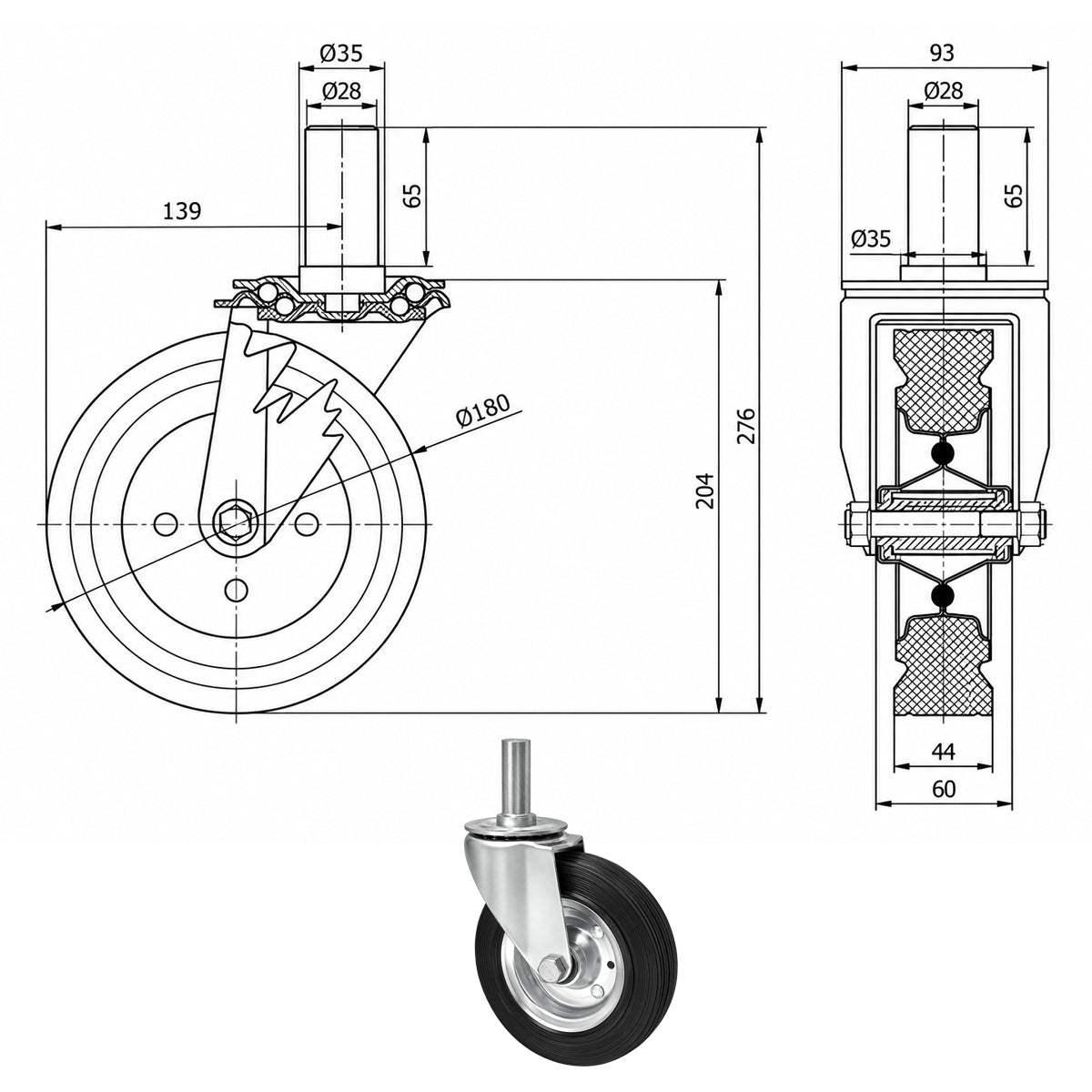 Metall-Gummiräder mit Befestigungsstift Lenkrollen  Ø180 mm Code: 54*28