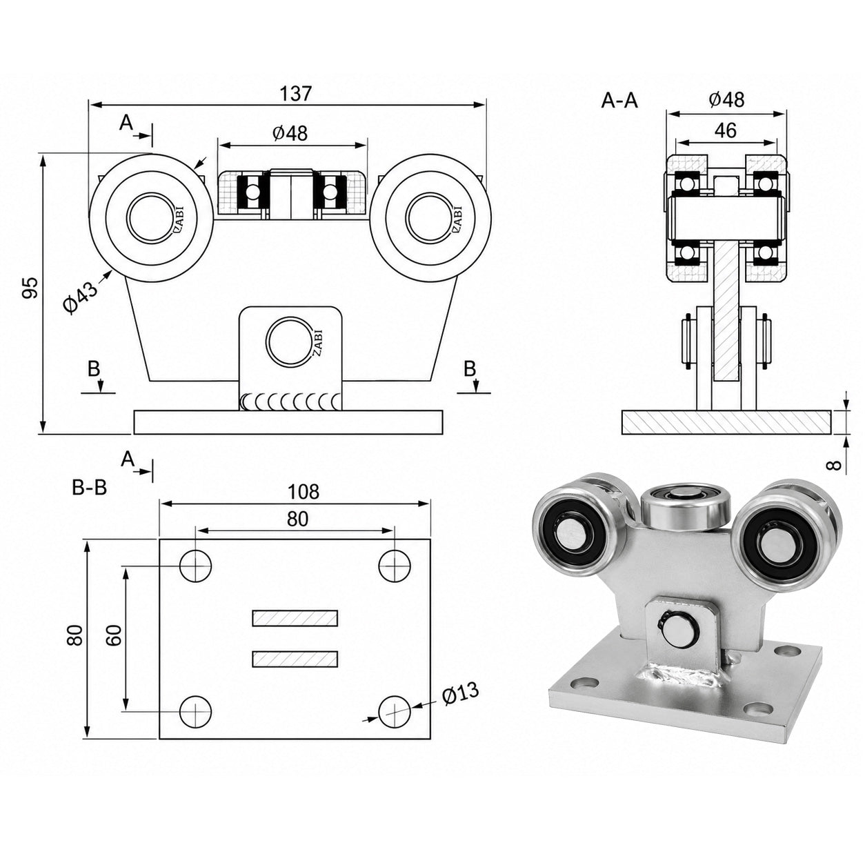 Torwagen für Schiebetore - für Profile 50x55 mm - Wandstärke 2,5 mm: W-5MM-50/55
