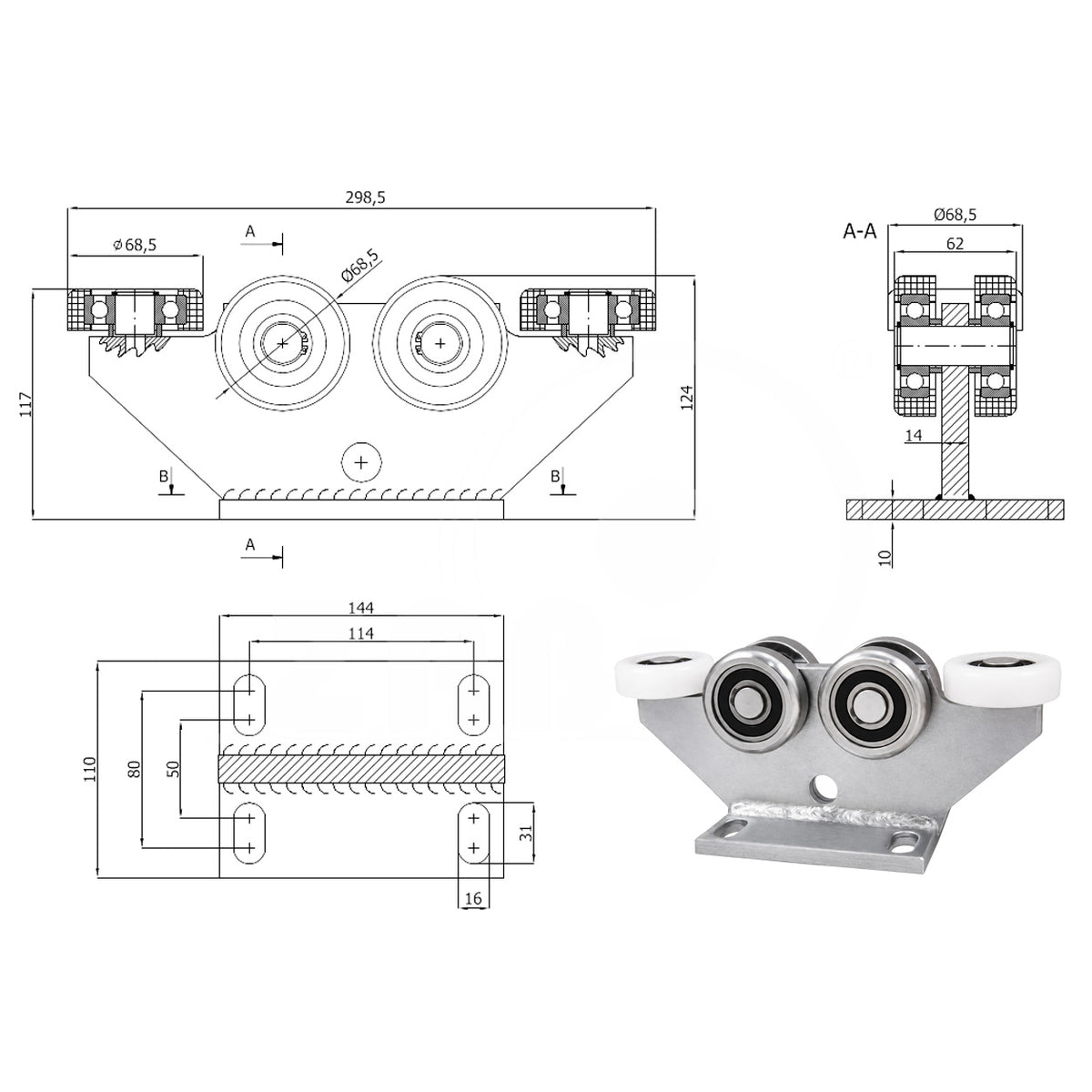 Torwagen für Schiebetore - für Profile 80 x 80 mm - Wandstärke 5 mm: 6M-80