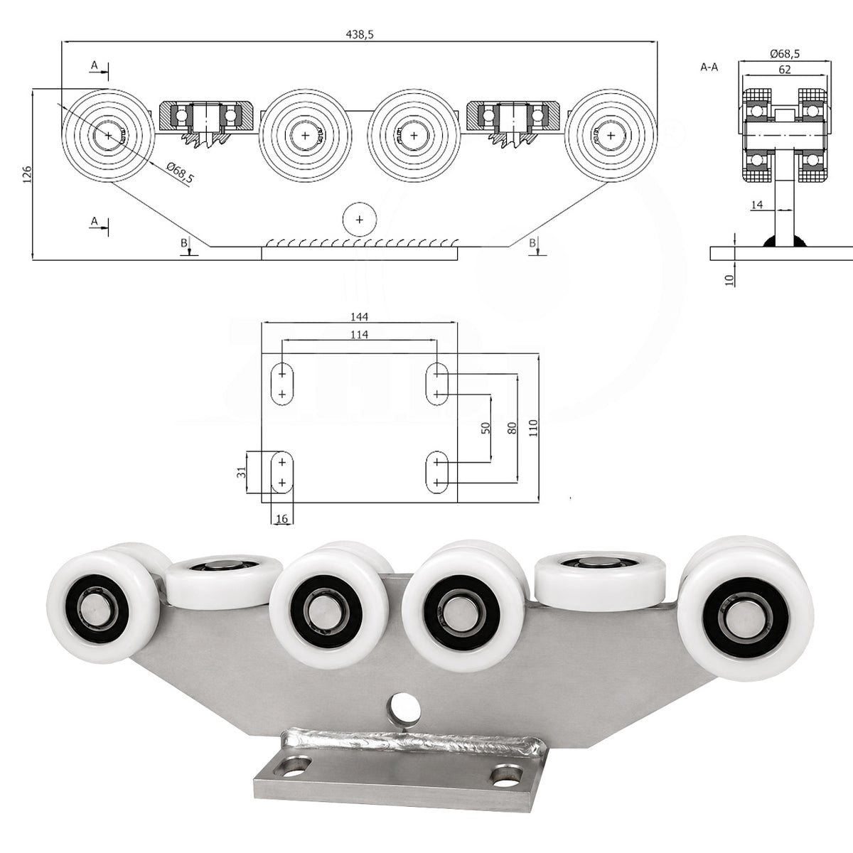 Torwagen für Schiebetore - für Profile 80 x 80 mm - Wandstärke 5 mm: 10T-80