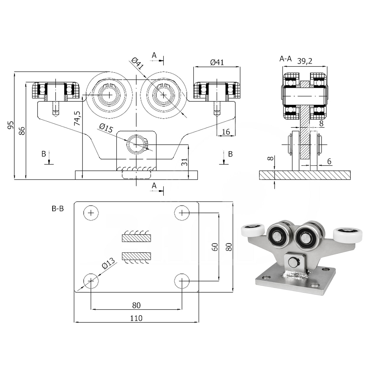 Torwagen für Schiebetore - für Profile 50 x 50 mm - Wandstärke 4 mm: W-6M-50/4