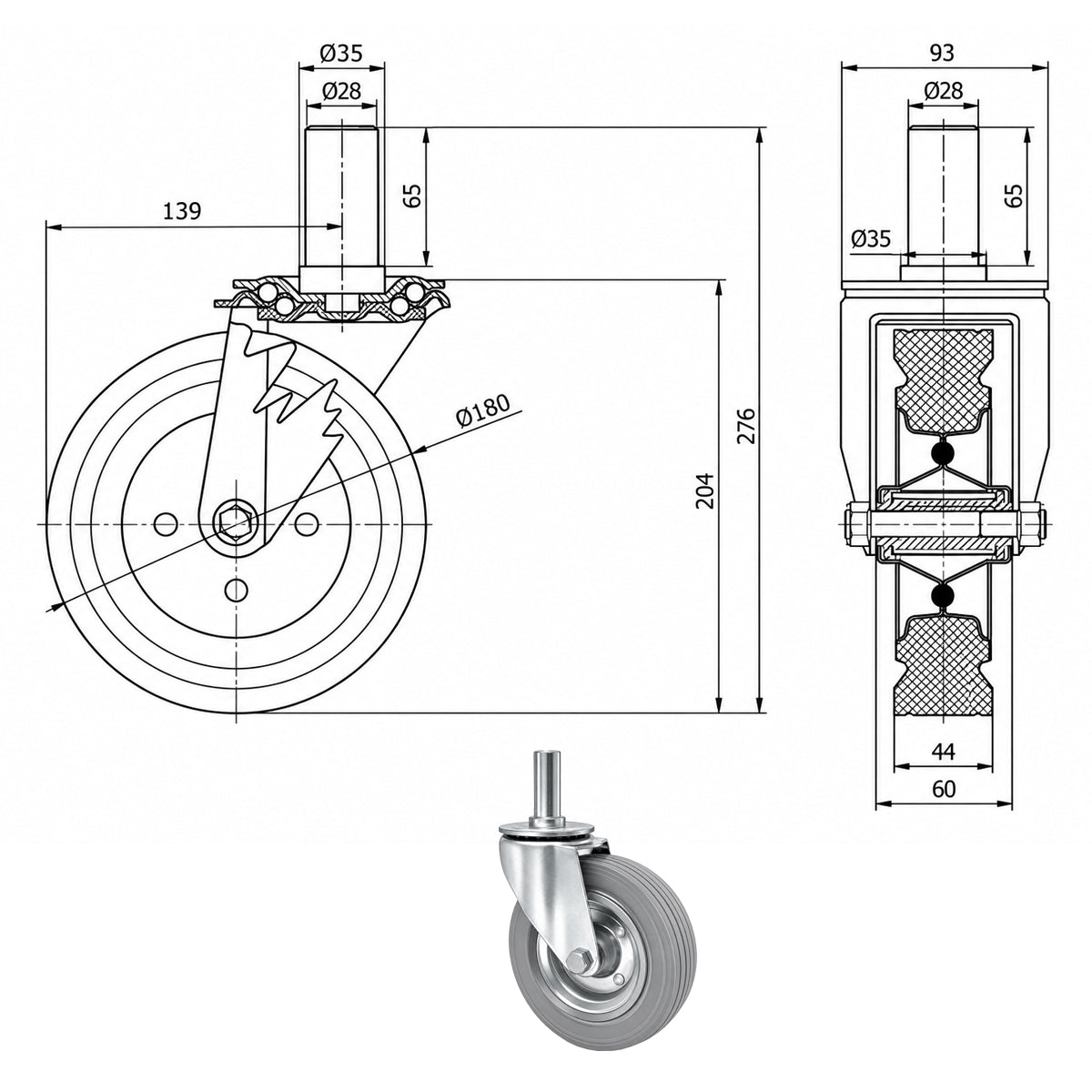 Metall-Gummiräder mit Befestigungsstift Lenkrollen  Ø180 mm Code: 54S*28