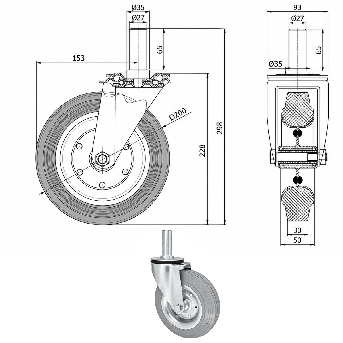 Metall-Gummiräder mit Befestigungsstift Lenkrollen  Ø200 mm Code: 64S*27