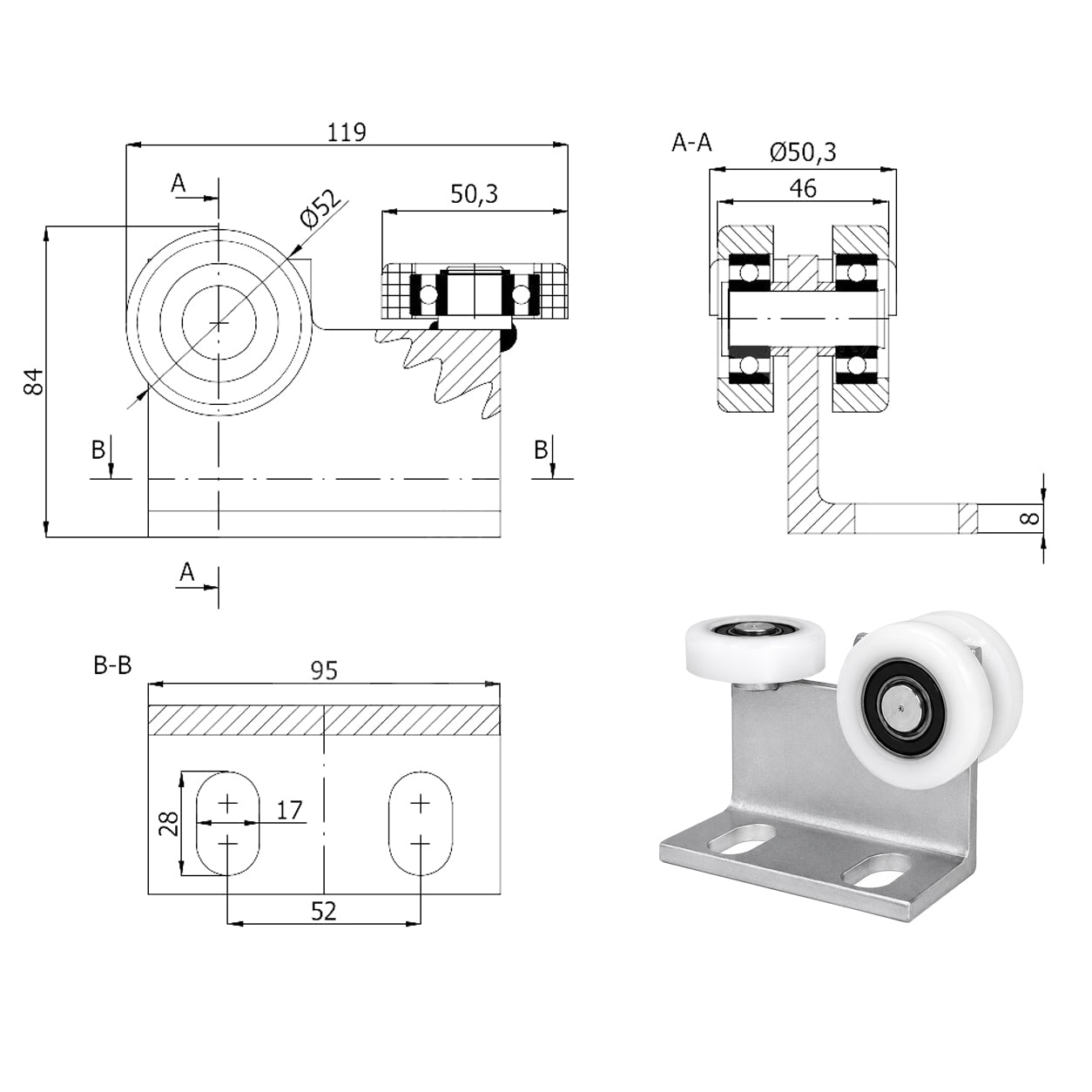 Torwagen für Schiebetore - für Profile 60 x 60 mm - Wandstärke 4 mm: P-3T-60/4