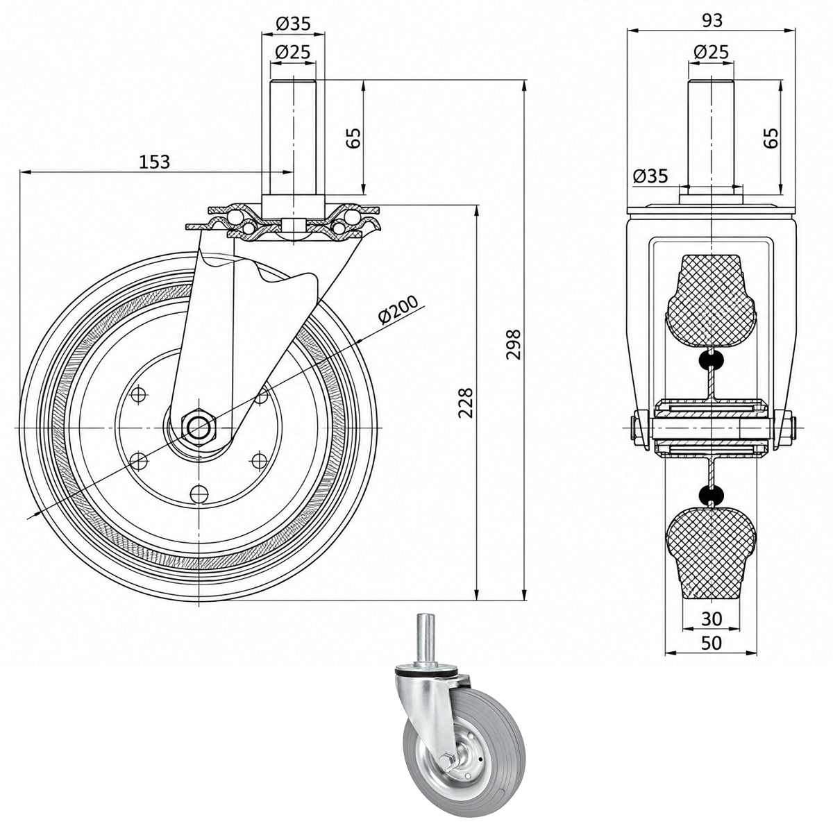Metall-Gummiräder mit Befestigungsstift Lenkrollen  Ø200 mm Code: 64S*25