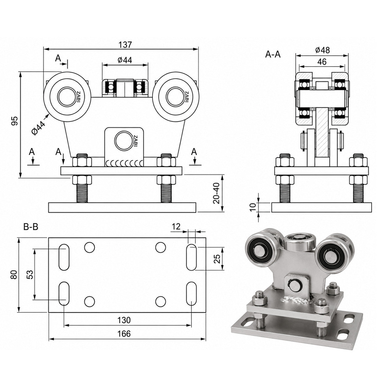 Torwagen für Schiebetore - für Profile 50x55 mm - Wandstärke 2,5 mm: WR-5MM-50/55
