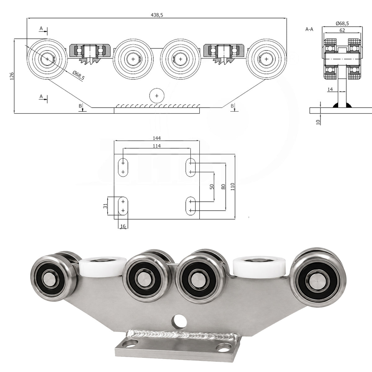 Torwagen für Schiebetore - für Profile 80 x 80 mm - Wandstärke 5 mm: 10M-80