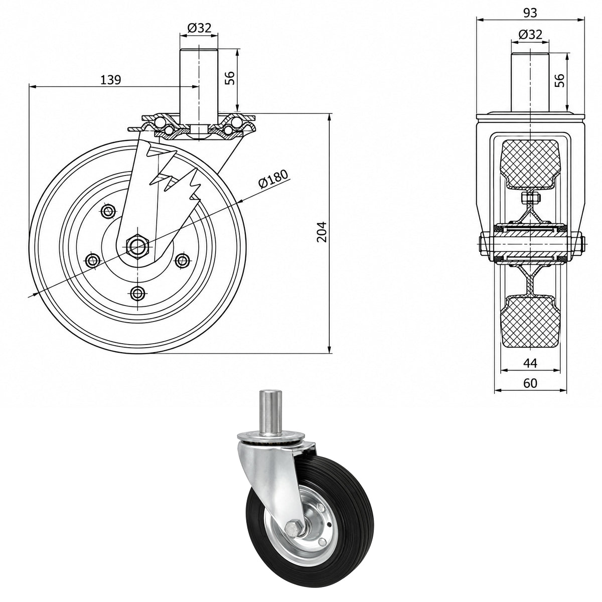 Metall-Gummiräder mit Befestigungsstift Lenkrollen  Ø180 mm Code: 54*32
