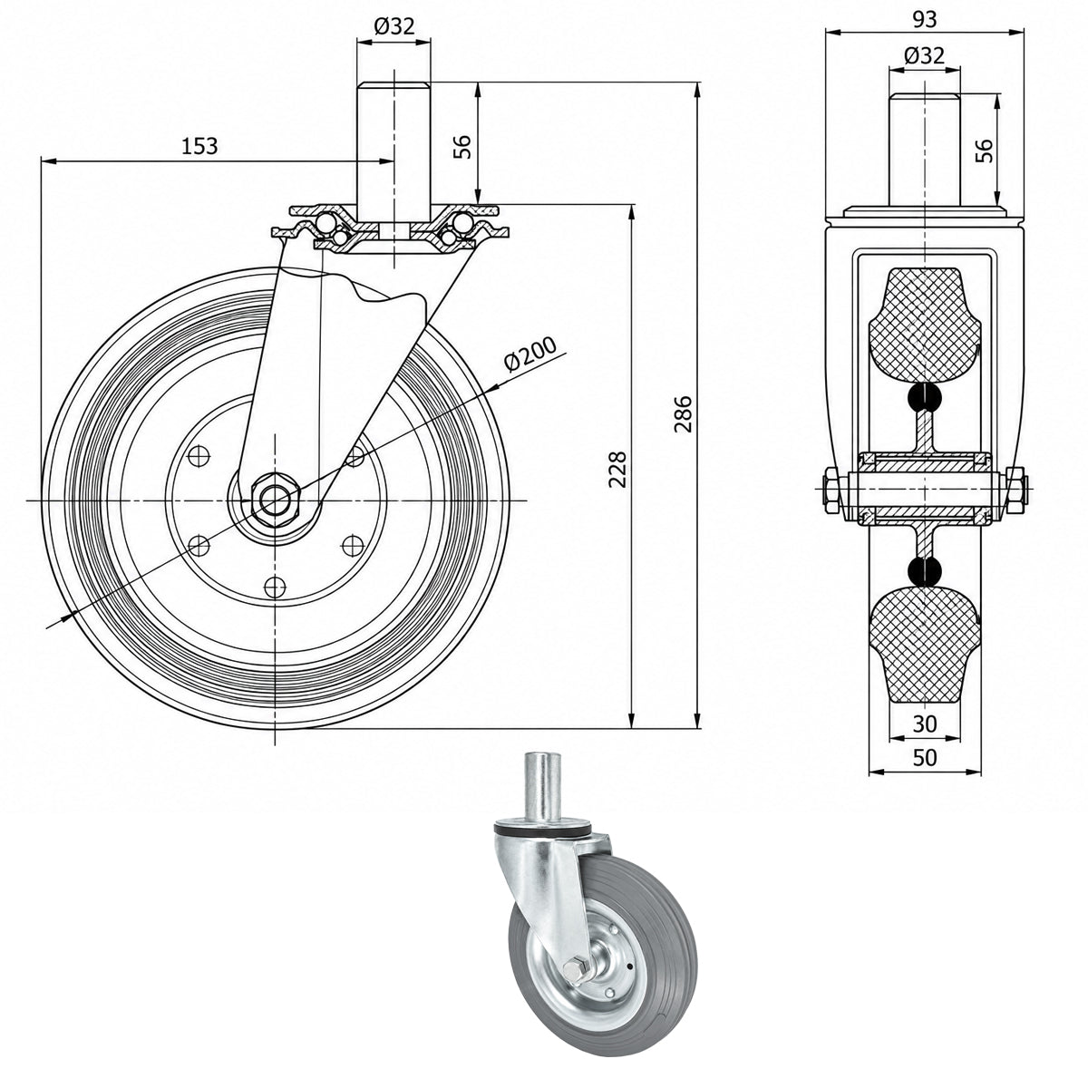 Metall-Gummiräder mit Befestigungsstift Lenkrollen  Ø200 mm Code: 64S*32