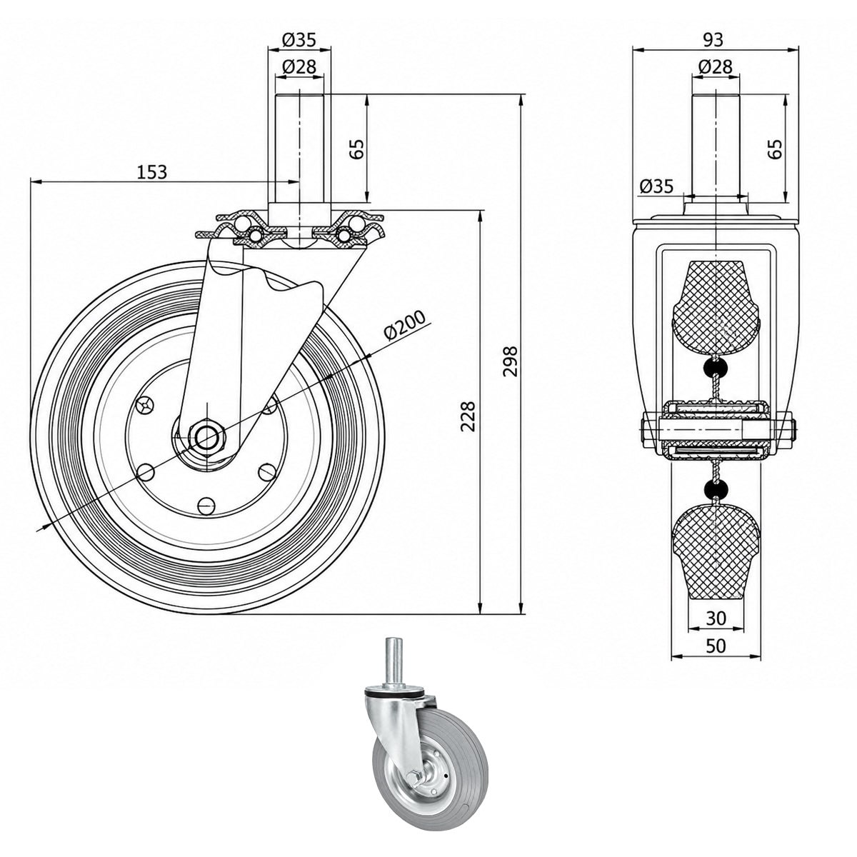 Metall-Gummiräder mit Befestigungsstift Lenkrollen  Ø200 mm Code: 64S*28