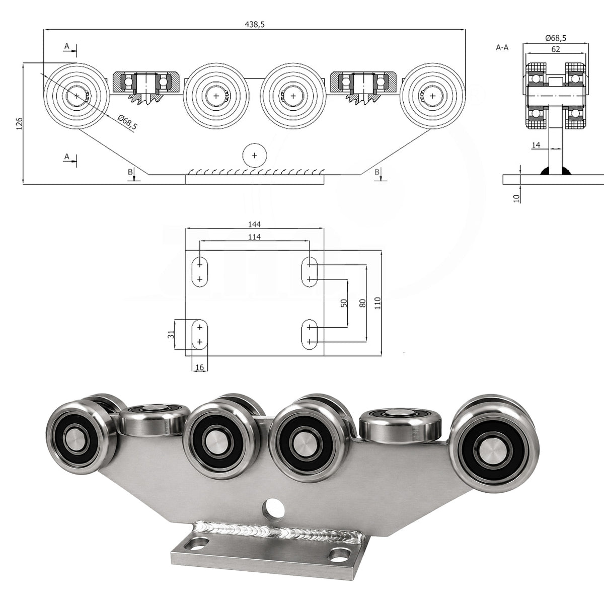 Torwagen für Schiebetore - für Profile 80 x 80 mm - Wandstärke 5 mm: 10MM-80