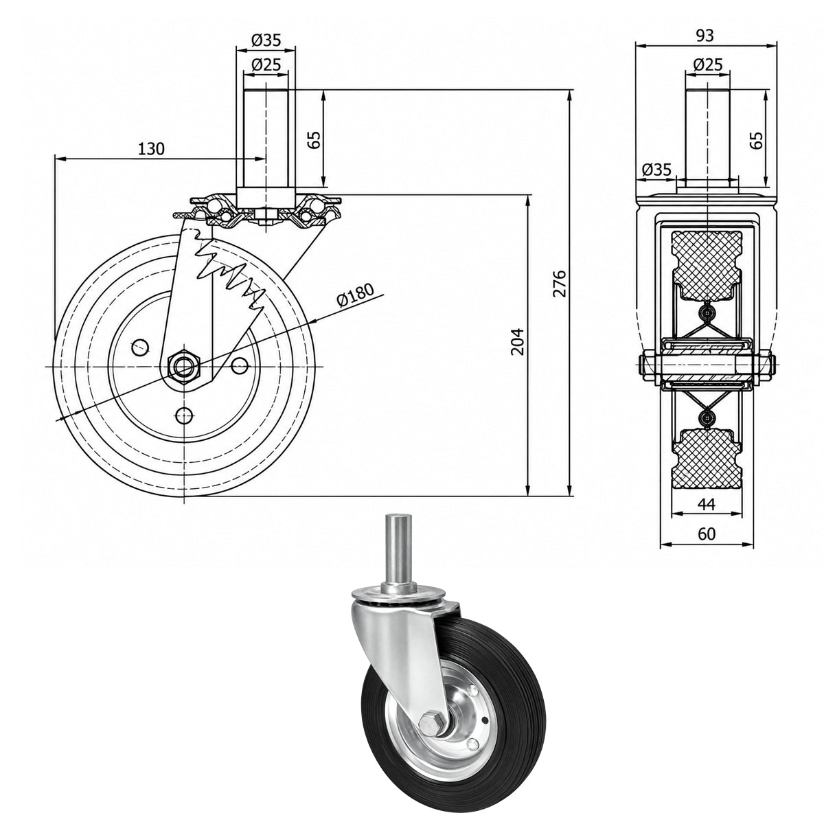 Metall-Gummiräder mit Befestigungsstift Lenkrollen  Ø180 mm Code: 54*25