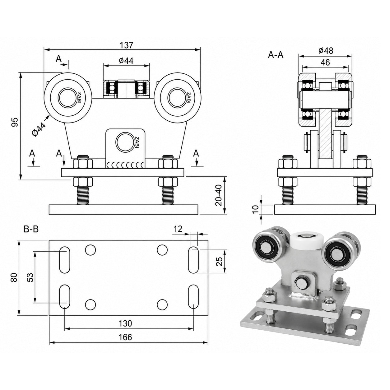 Torwagen für Schiebetore - für Profile 50x55 mm - Wandstärke 2,5 mm: WR-5M-50/55