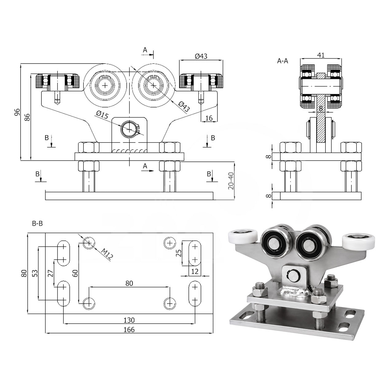 Torwagen für Schiebetore - für Profile 50x50 mm - Wandstärke 2,5 mm: WR-6M-50