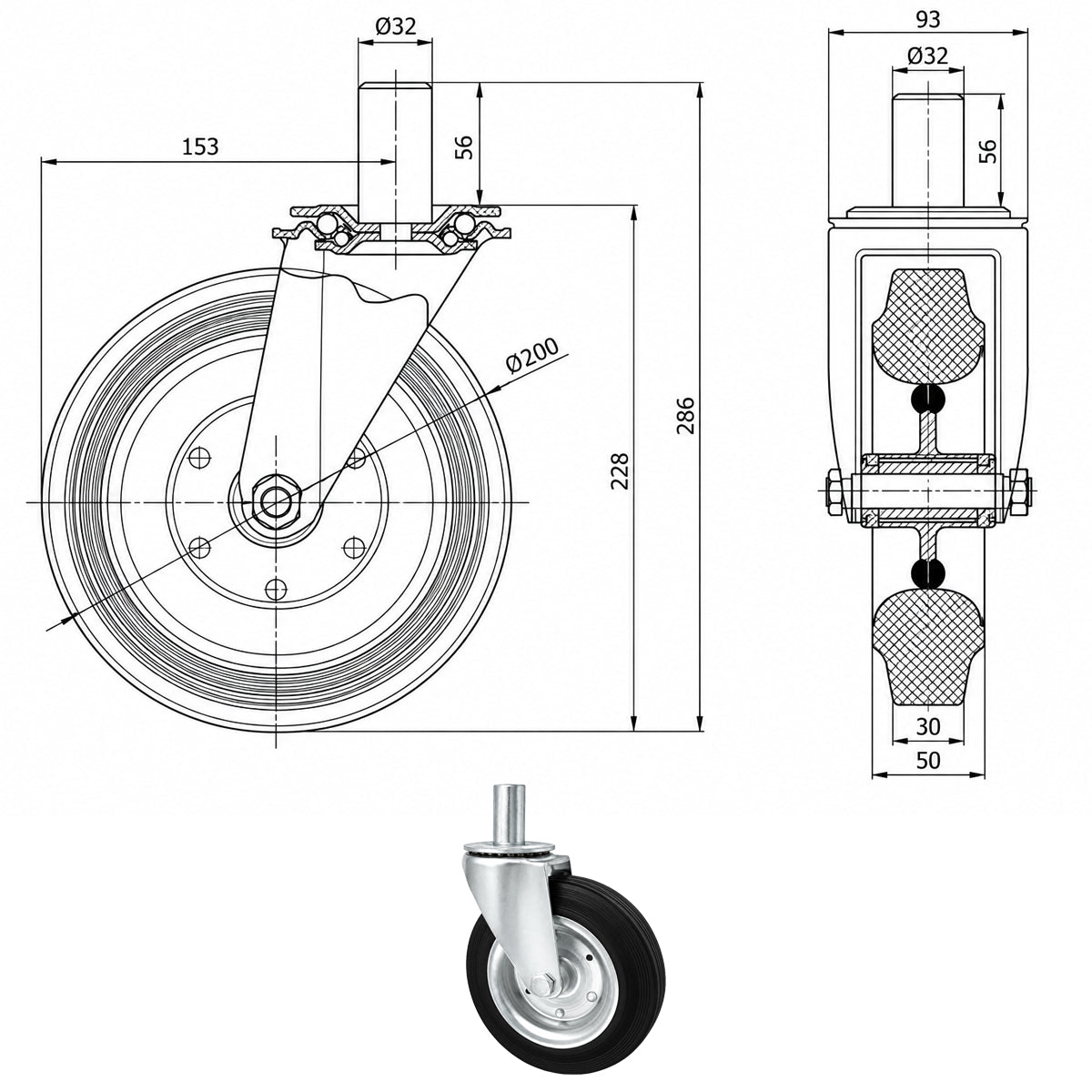 Metall-Gummiräder mit Befestigungsstift Lenkrollen  Ø200 mm Code: 64*32