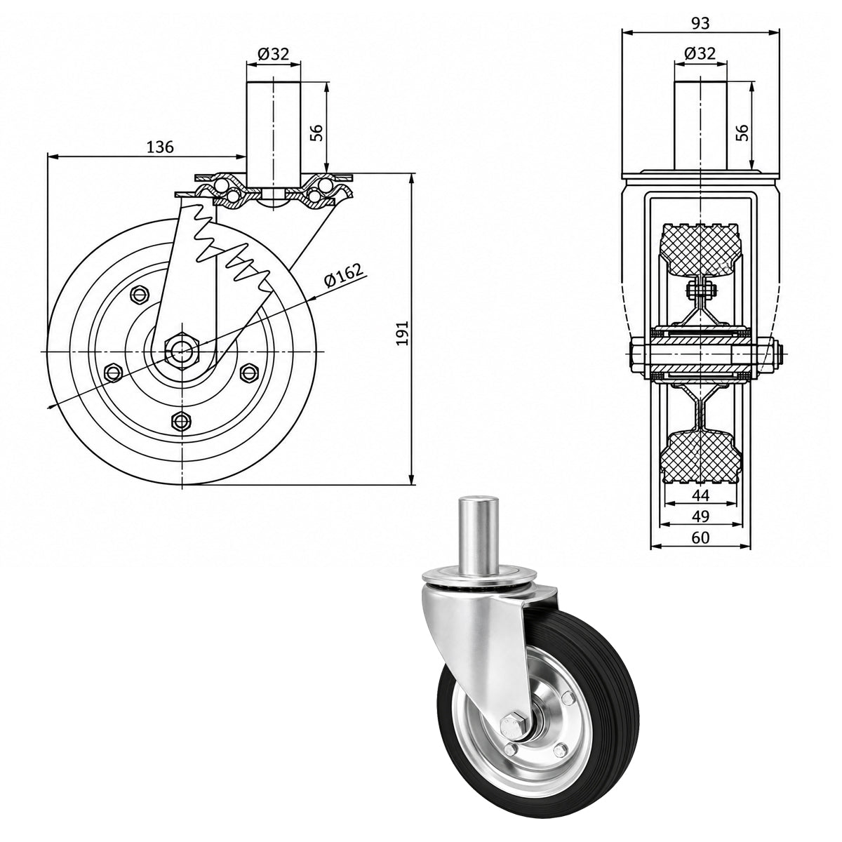 Metall-Gummiräder mit Befestigungsstift Lenkrollen Ø160 mm Code: 44N*32