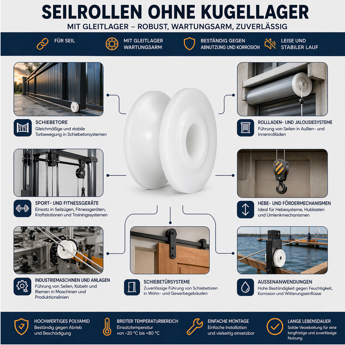 Seilrolle mit Gleitlager Ø100mm Polyamid Kunststoffrolle für Seil Ø12 mm C100/14