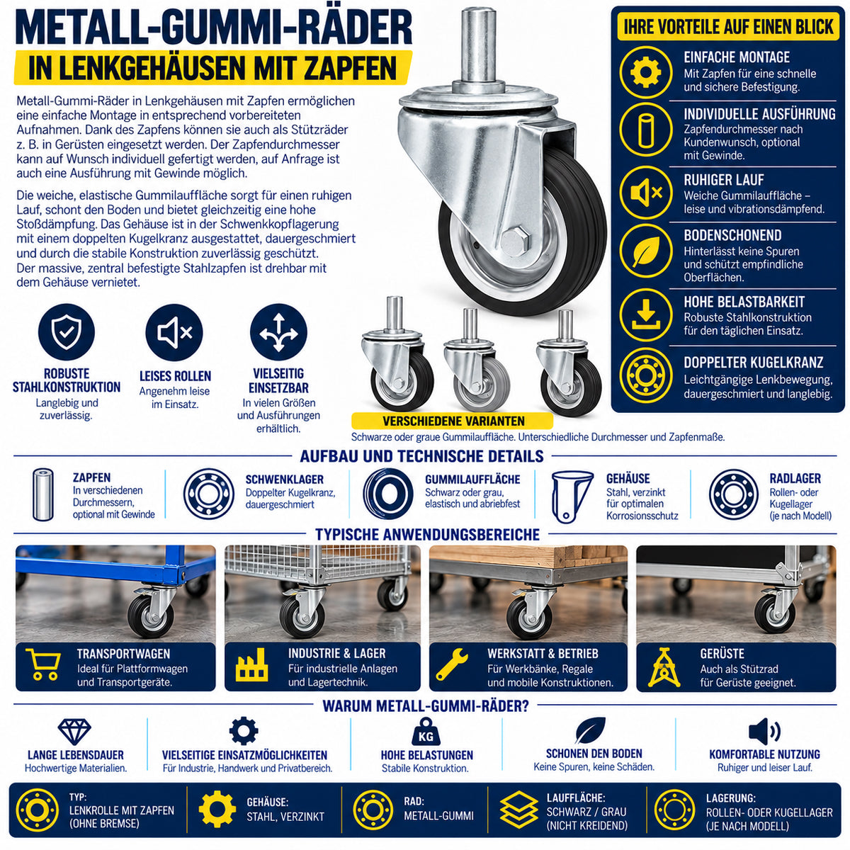 Metall-Gummiräder mit Befestigungsstift Lenkrollen Ø160 mm Code: 44N*28