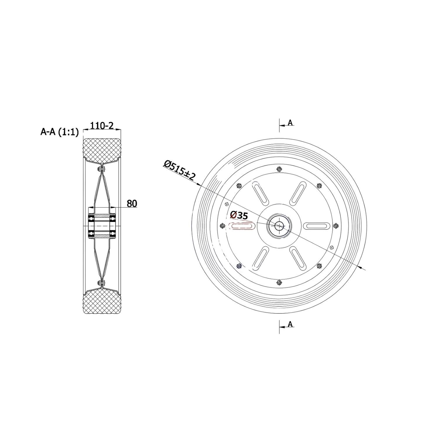 Ersatzrad Ø500 mm – Vollgummi Industrierad mit Kugellager für Transportwagen, Code: 500LL/35