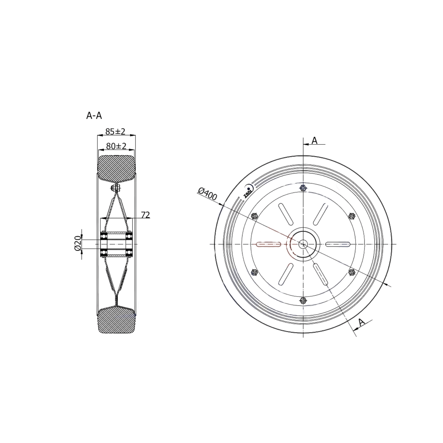 Ersatzrad Ø400 mm – Vollgummi Industrierad mit Kugellager für Transportwagen, Code: 400LL