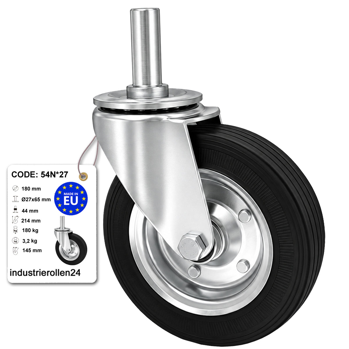 Metall-Gummiräder mit Befestigungsstift Lenkrollen  Ø180 mm Code: 54N*27