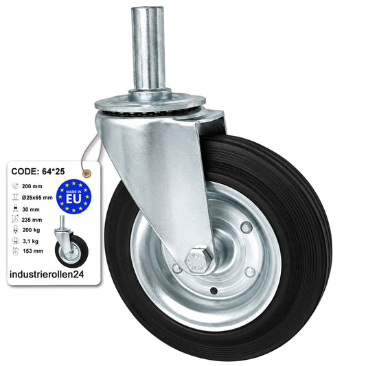 Metall-Gummiräder mit Befestigungsstift Lenkrollen  Ø200 mm Code: 64*25