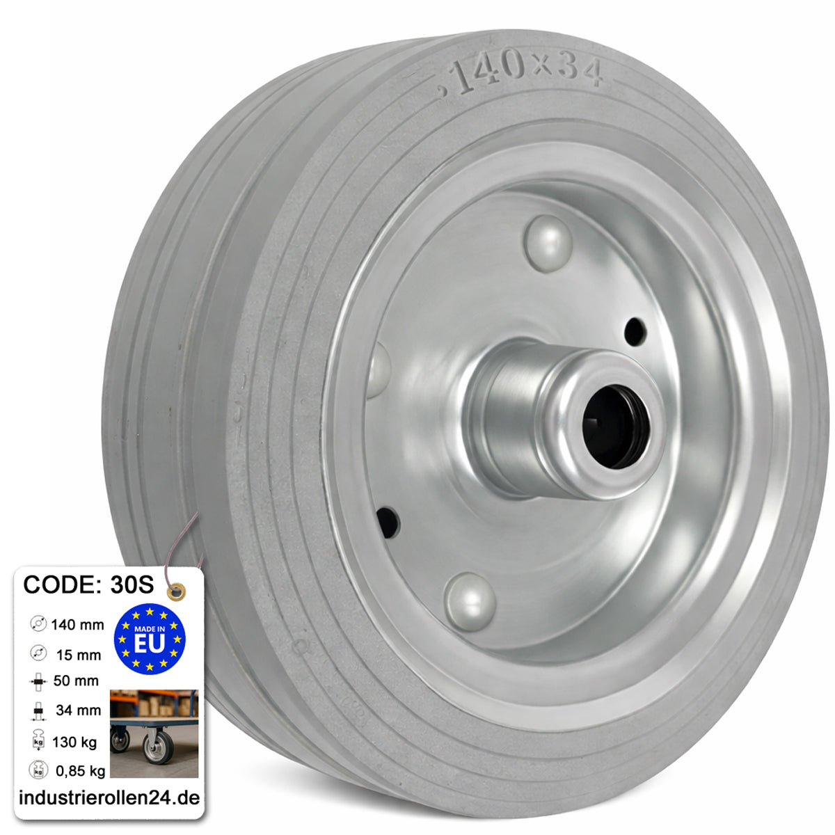 Ersatzrad Ø140 mm – Graues, nicht abfärbendes Vollgummi Industrierad für Transportwagen, Code: 30S