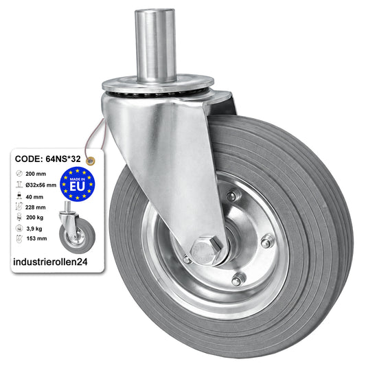 Metall-Gummiräder mit Befestigungsstift Lenkrollen  Ø200 mm Code: 64NS*32