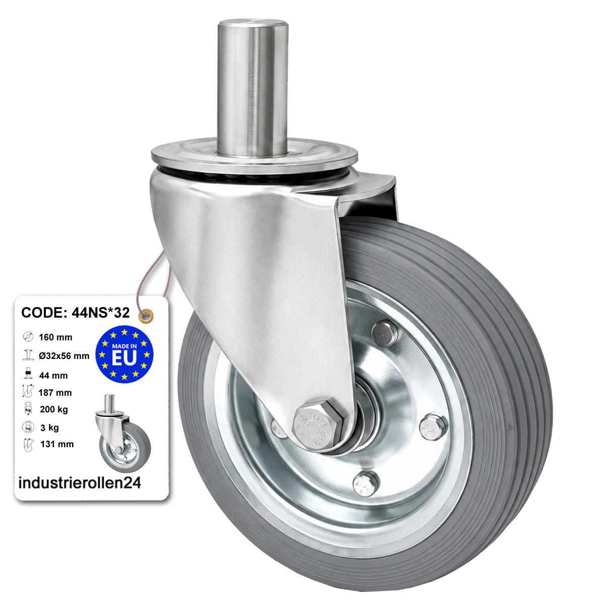 Metall-Gummiräder mit Befestigungsstift Lenkrollen Ø160 mm Code: 44NS*32