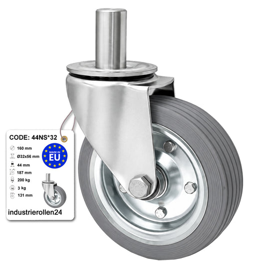 Metall-Gummiräder mit Befestigungsstift Lenkrollen Ø160 mm Code: 44NS*32