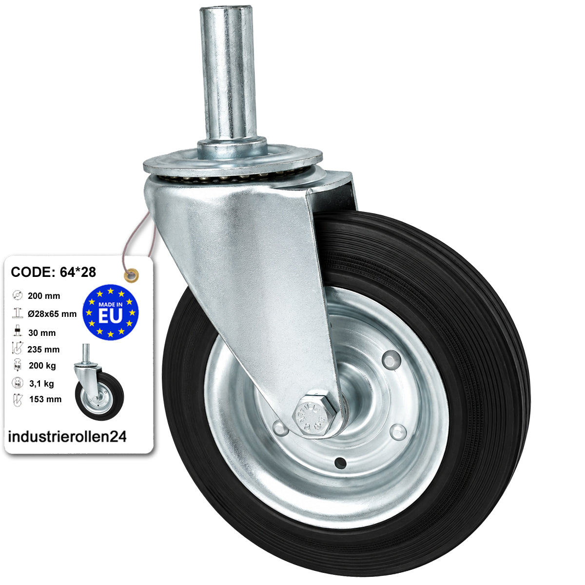 Metall-Gummiräder mit Befestigungsstift Lenkrollen  Ø200 mm Code: 64*28