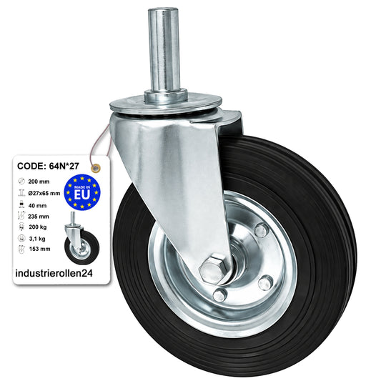 Metall-Gummiräder mit Befestigungsstift Lenkrollen  Ø200 mm Code: 64N*27