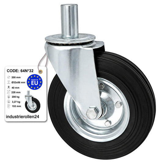 Metall-Gummiräder mit Befestigungsstift Lenkrollen  Ø200 mm Code: 64N*32