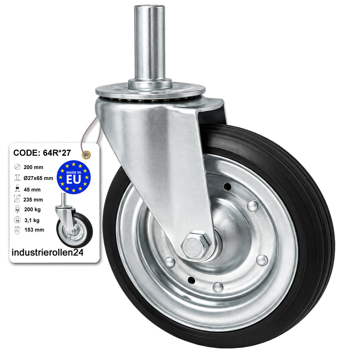 Metall-Gummiräder mit Befestigungsstift Lenkrollen  Ø200 mm Code: 64R*27
