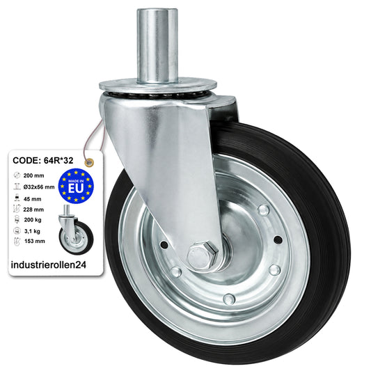 Metall-Gummiräder mit Befestigungsstift Lenkrollen  Ø200 mm Code: 64R*32