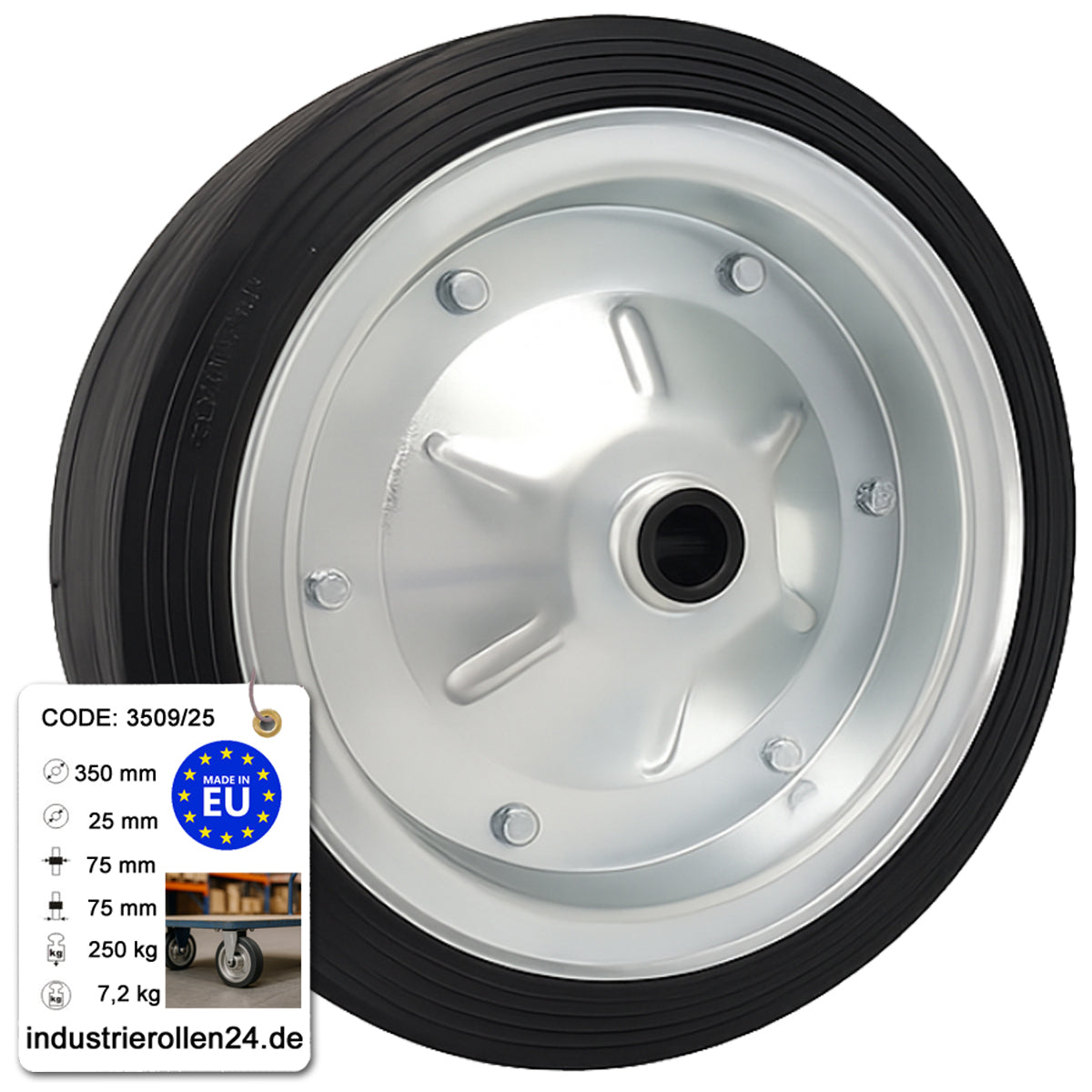 Ersatzrad Ø350 mm – Vollgummi Industrierad mit Gleitlager für Transportwagen, Code:  3509/25