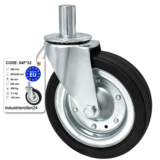 Metall-Gummiräder mit Befestigungsstift Lenkrollen  Ø200 mm Code: 64F*32