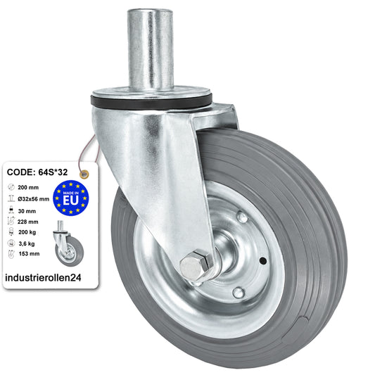 Metall-Gummiräder mit Befestigungsstift Lenkrollen  Ø200 mm Code: 64S*32