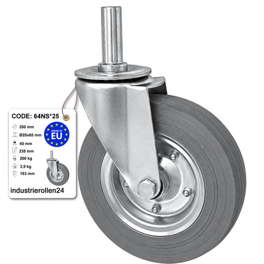 Metall-Gummiräder mit Befestigungsstift Lenkrollen  Ø200 mm Code: 64NS*25