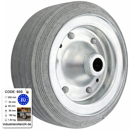Ersatzrad Ø200 mm – Graues, nicht abfärbendes Vollgummi Industrierad für Transportwagen, Code: 60S