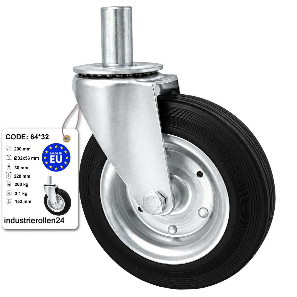 Metall-Gummiräder mit Befestigungsstift Lenkrollen  Ø200 mm Code: 64*32