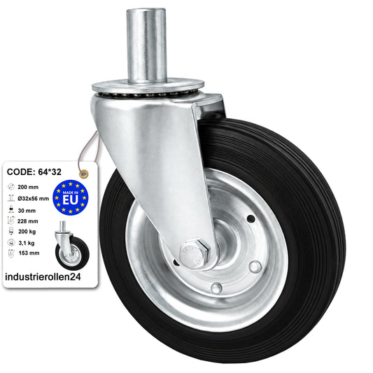Metall-Gummiräder mit Befestigungsstift Lenkrollen  Ø200 mm Code: 64*32