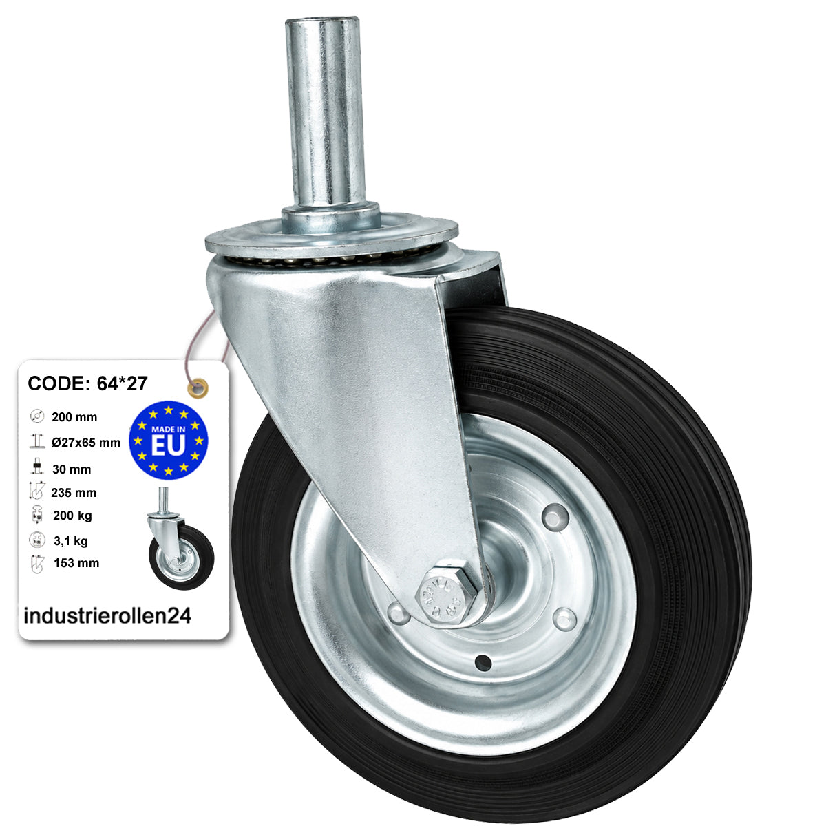 Metall-Gummiräder mit Befestigungsstift Lenkrollen  Ø200 mm Code: 64*27