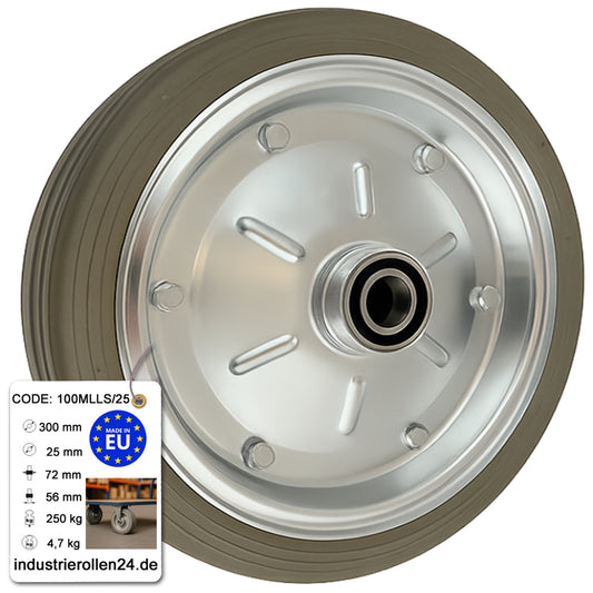 Ersatzrad Ø300 mm – Graues, nicht abfärbendes Vollgummi Industrierad mit Kugellager für Transportwagen, Code: 100MLLS/25