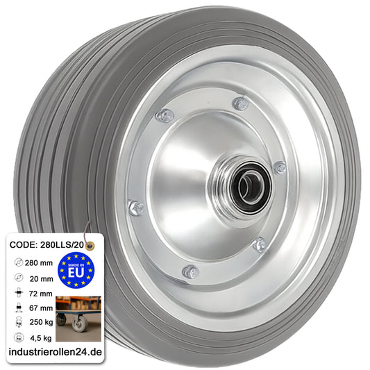 Ersatzrad Ø280 mm – Graues, nicht abfärbendes Vollgummi Industrierad mit Kugellager für Transportwagen, Code: 280LLS/20