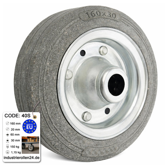 Ersatzrad Ø160 mm – Graues, nicht abfärbendes Vollgummi Industrierad für Transportwagen, Code: 40S