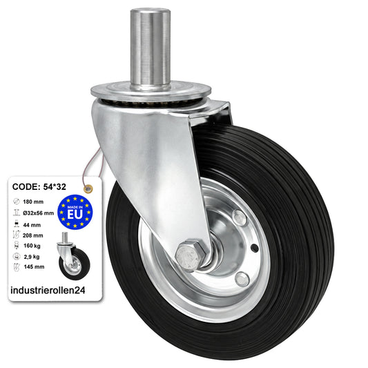 Metall-Gummiräder mit Befestigungsstift Lenkrollen  Ø180 mm Code: 54*32